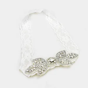 Pave Crystal Rhinestone Leaf Lace Stretch Wedding Garter