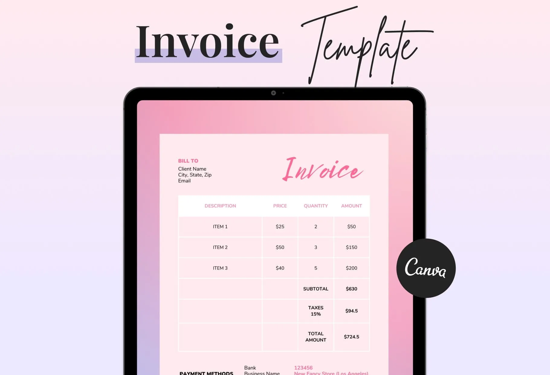 Piggy Pink Invoice Canva Template Printable and Editable