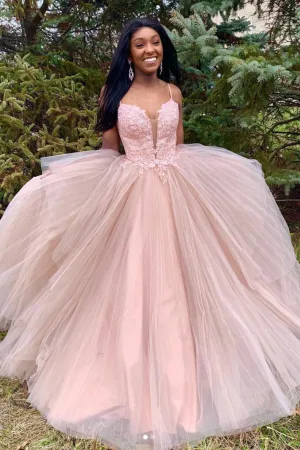 Pink tulle long prom dress, pink tulle evening dress