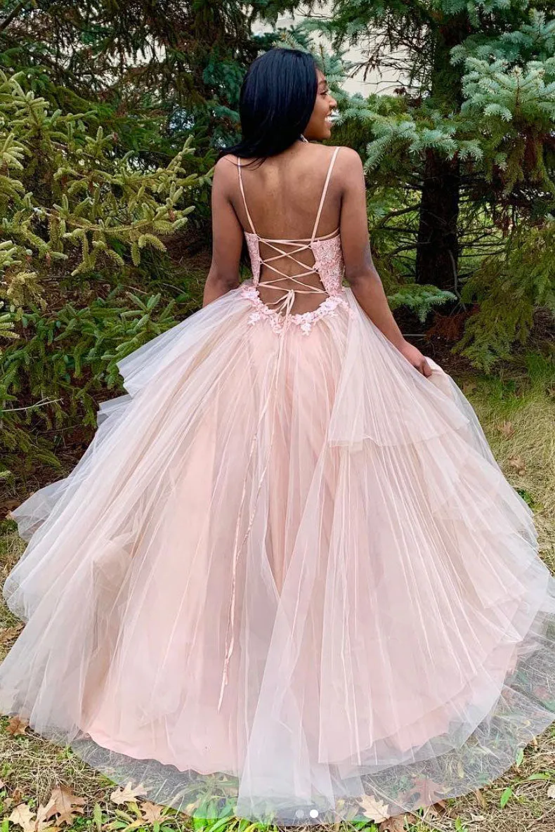 Pink tulle long prom dress, pink tulle evening dress