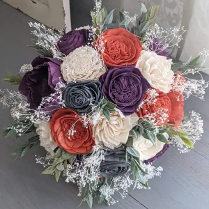 Plum, Burnt Orange, Charcoal, and Ivory Bouquet with Baby's Breath and Greenery