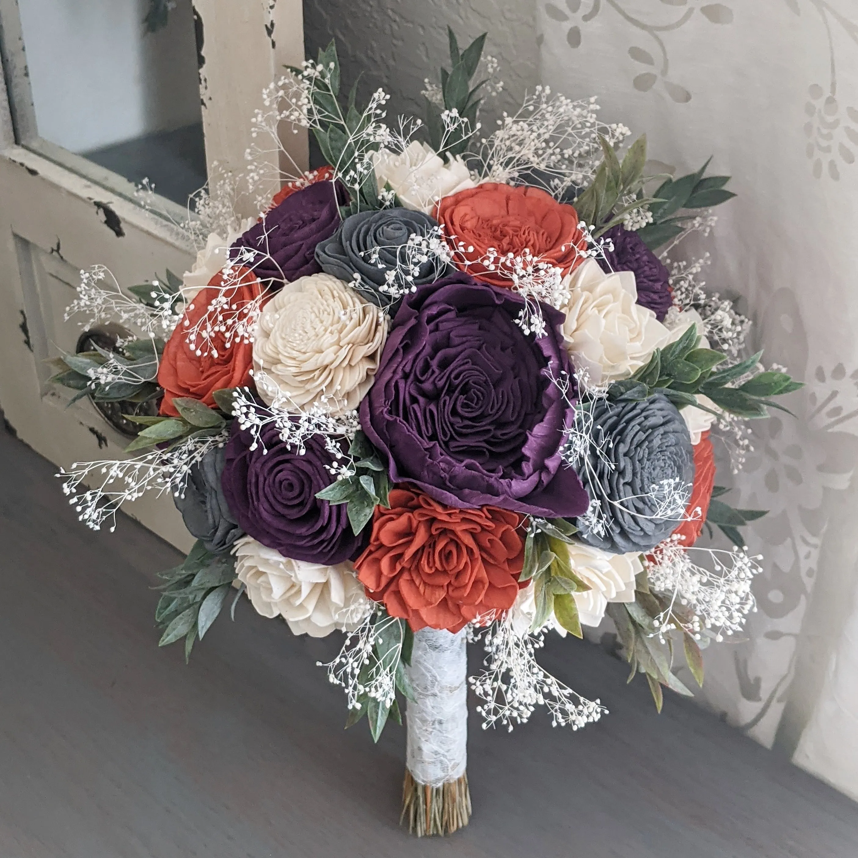 Plum, Burnt Orange, Charcoal, and Ivory Bouquet with Baby's Breath and Greenery