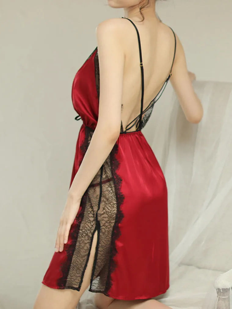 Plunge Cross-Back Side Slits Lace-Trim Slip