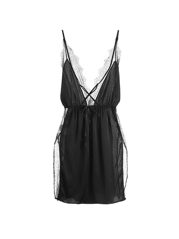 Plunge Cross-Back Side Slits Lace-Trim Slip