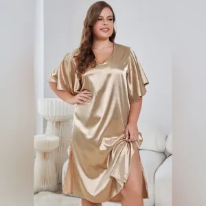 Plus Size Flutter Sleeve V-Neck Side Slit Night Gown Golden