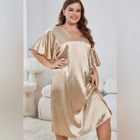 Plus Size Flutter Sleeve V-Neck Side Slit Night Gown Golden