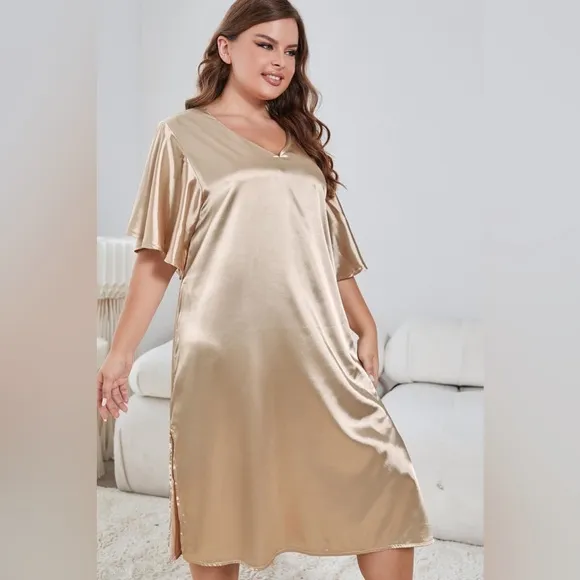 Plus Size Flutter Sleeve V-Neck Side Slit Night Gown Golden