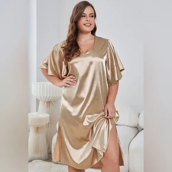 Plus Size Flutter Sleeve V-Neck Side Slit Night Gown Golden