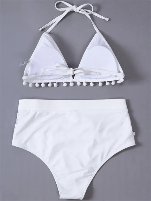 Pom-Pom Trim Striped High Waist Bikini