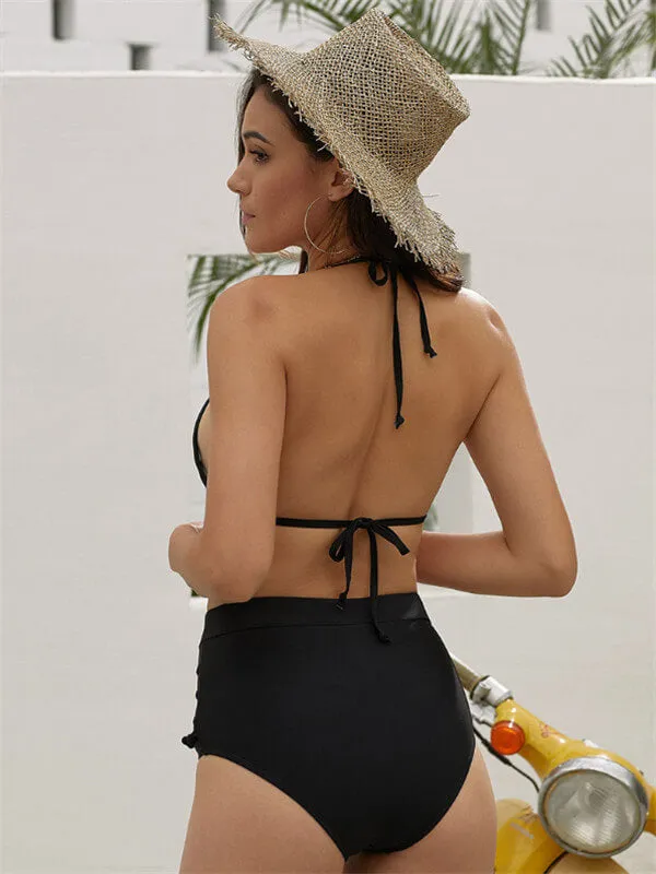 Pom-Pom Trim Striped High Waist Bikini