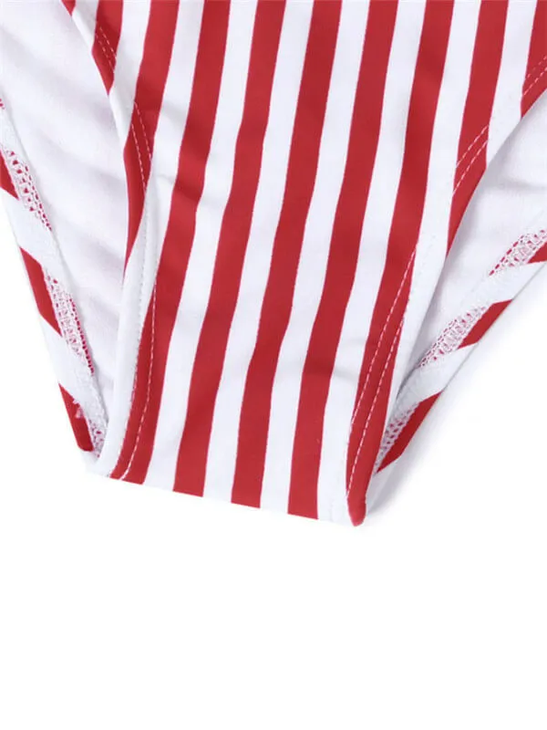 Pom-Pom Trim Striped High Waist Bikini
