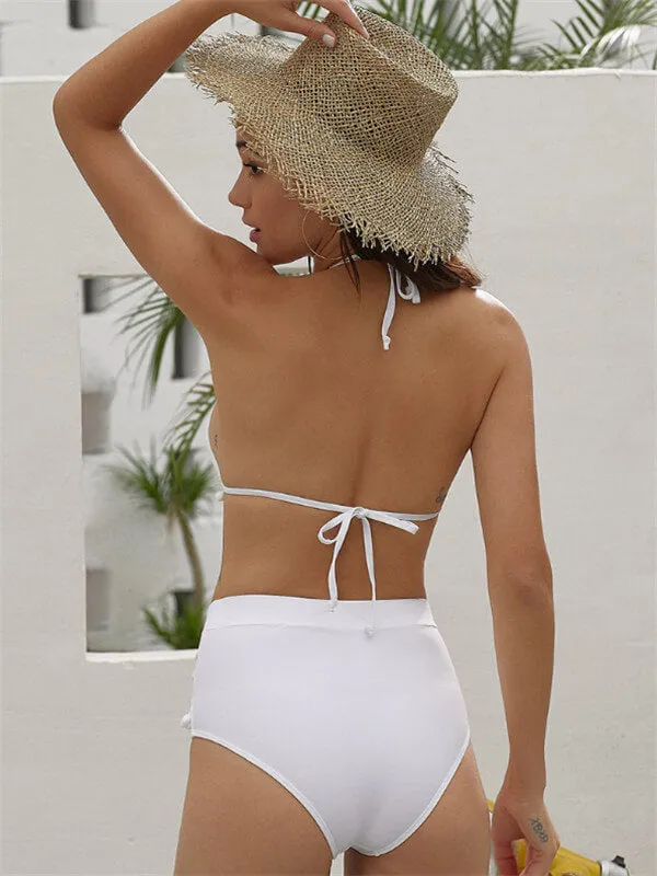 Pom-Pom Trim Striped High Waist Bikini