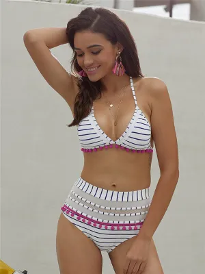 Pom-Pom Trim Striped High Waist Bikini