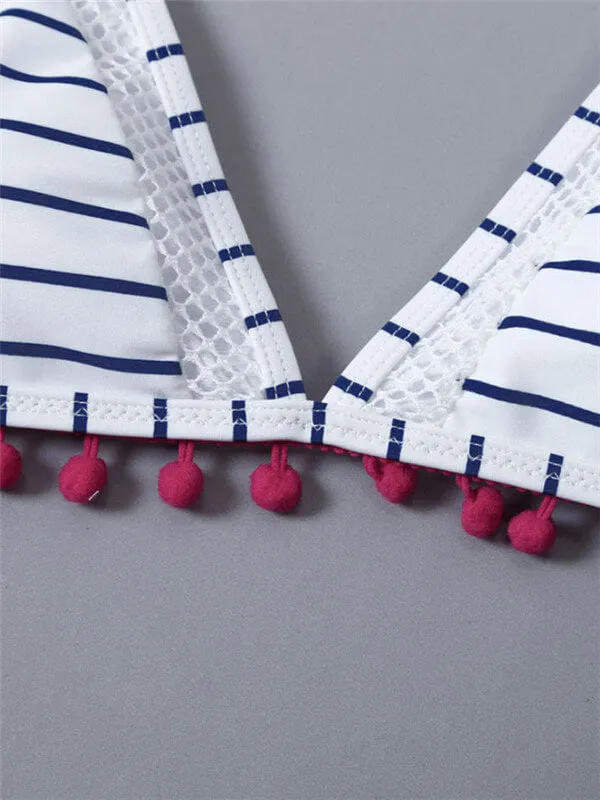 Pom-Pom Trim Striped High Waist Bikini