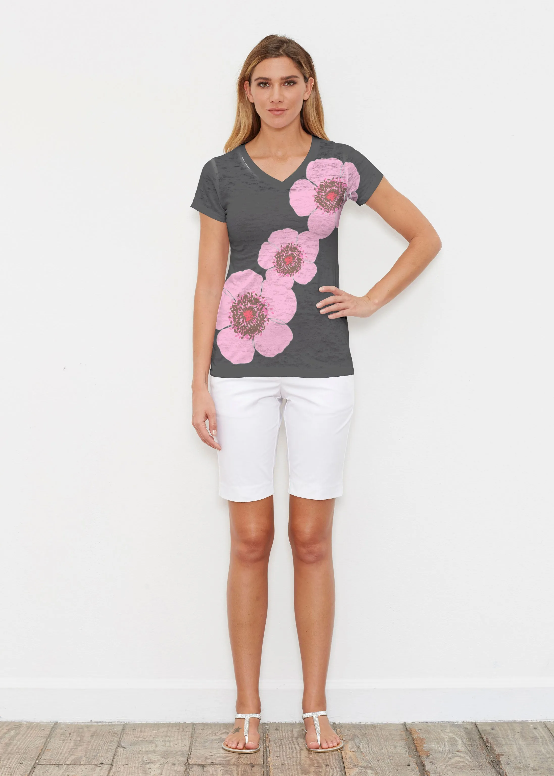 Poppy Black Stripes (7100) ~ Signature Cap Sleeve V-Neck Shirt