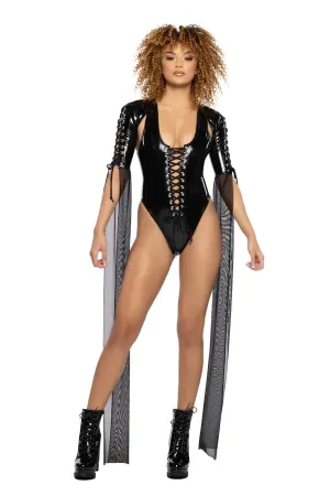 PVC Lace Up Mesh Floor-Length Sleeve Shrug - Black JR101