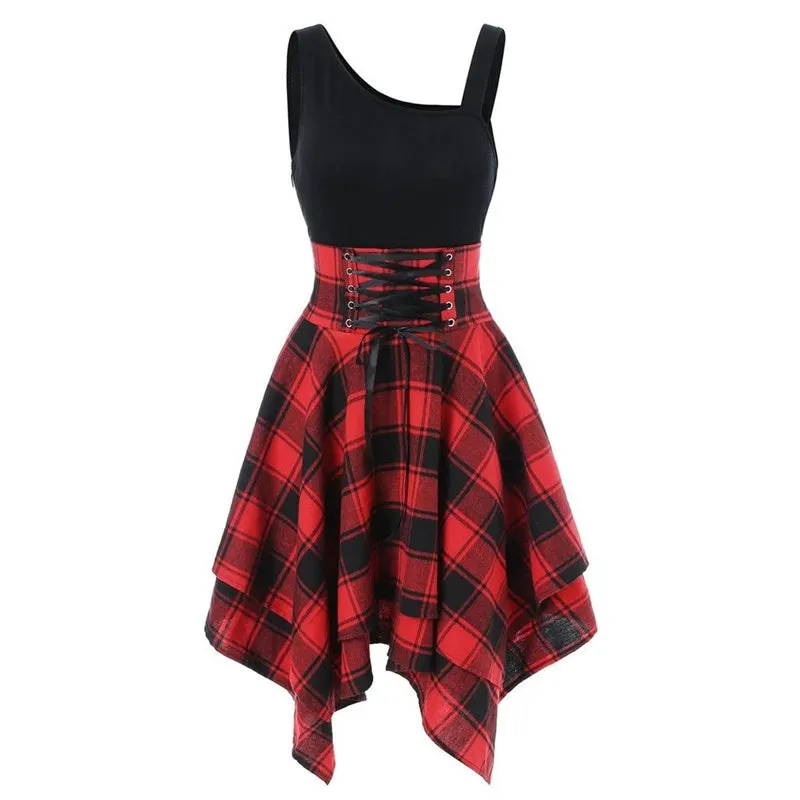 "GOTHIC WAIST PLAID IRREGULAR" DRESS K082106