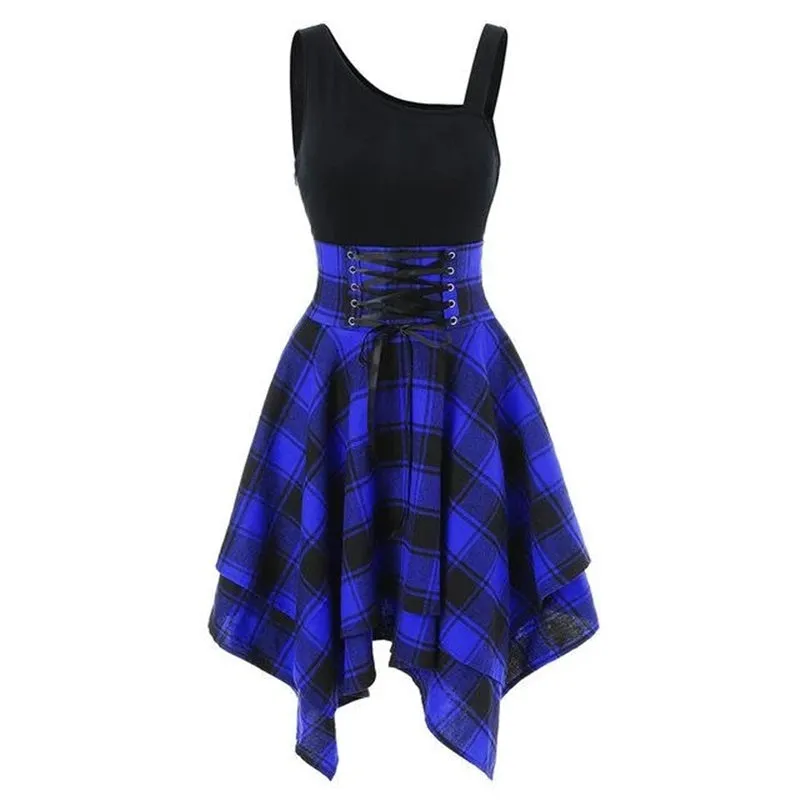 "GOTHIC WAIST PLAID IRREGULAR" DRESS K082106