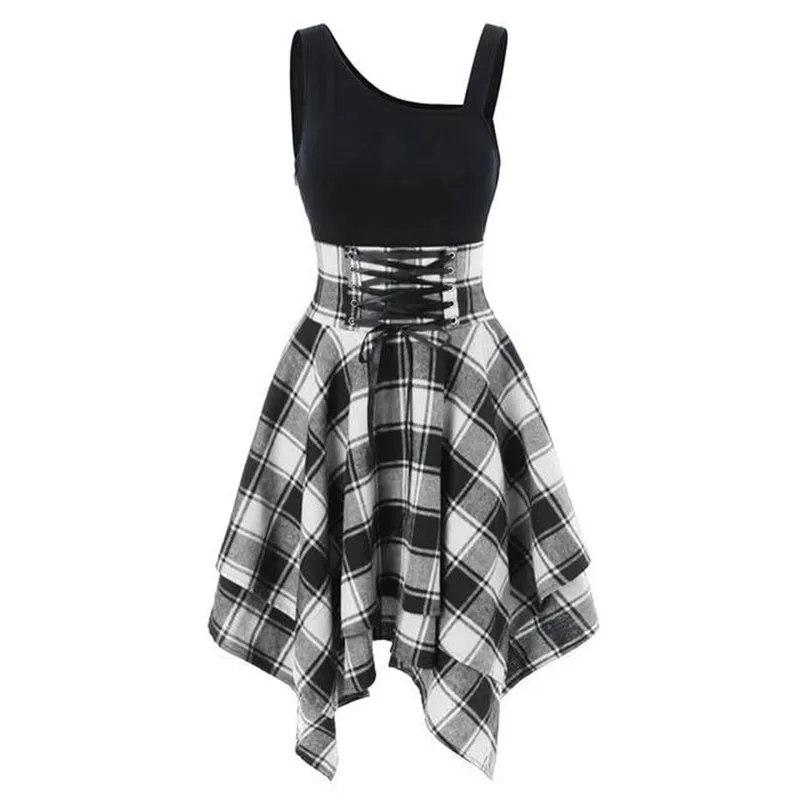 "GOTHIC WAIST PLAID IRREGULAR" DRESS K082106