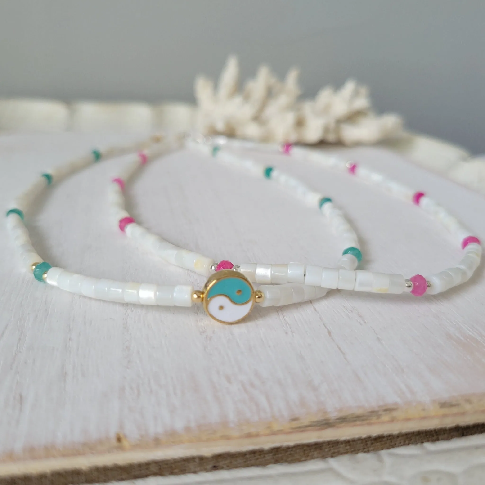 "Grommet" Heishi Shell & Crystal Girl's Surfer or Yin & Yang Necklaces - Multiple Colors Available