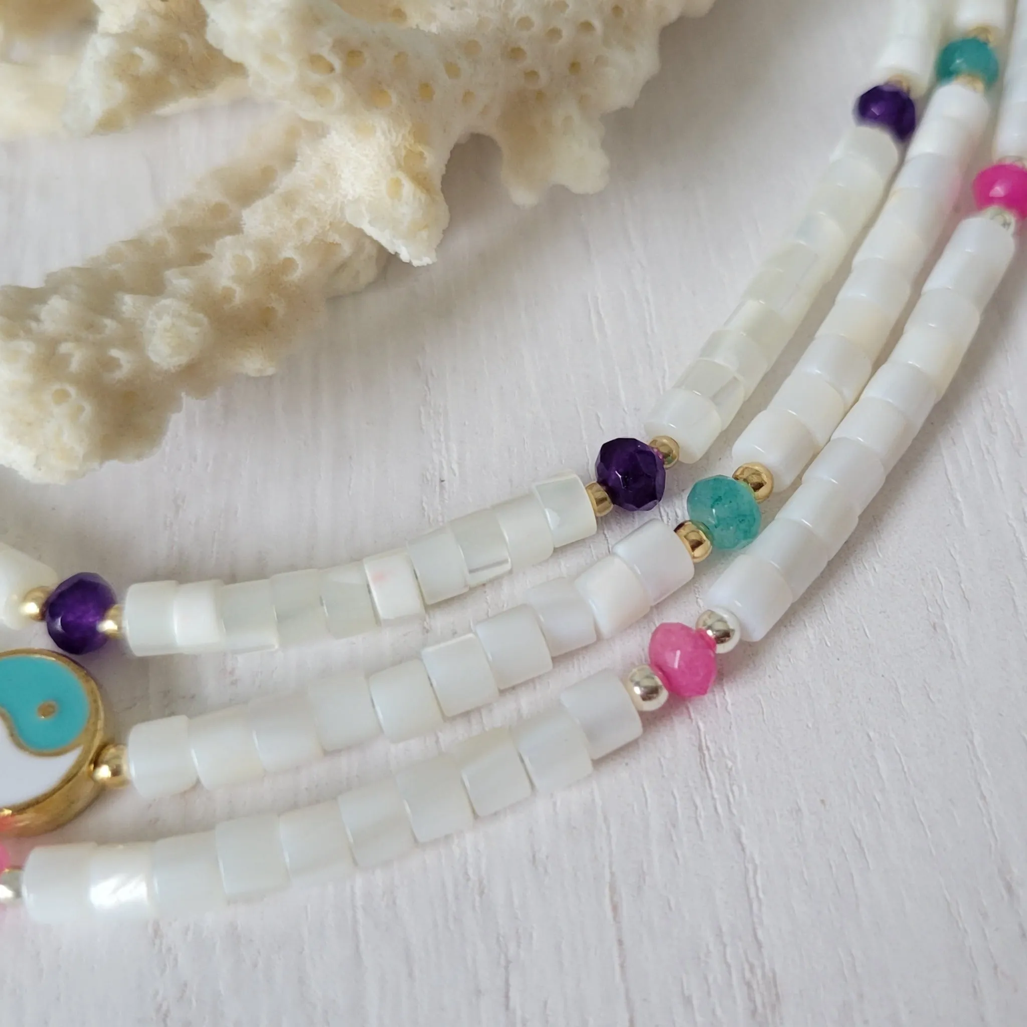 "Grommet" Heishi Shell & Crystal Girl's Surfer or Yin & Yang Necklaces - Multiple Colors Available