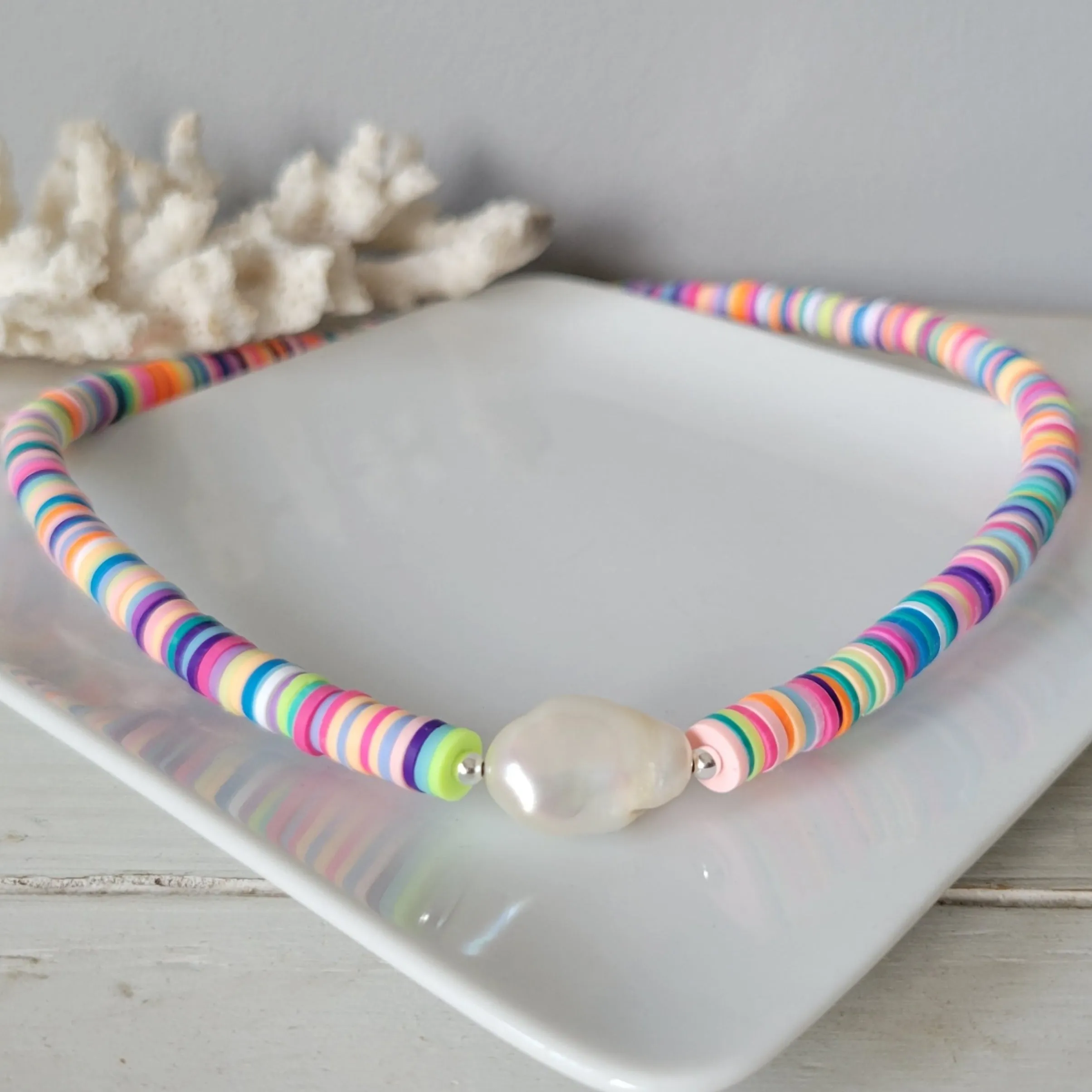 "Outer Banks" Polymer Clay and Large Pearl Necklace - Multiple Colors Available