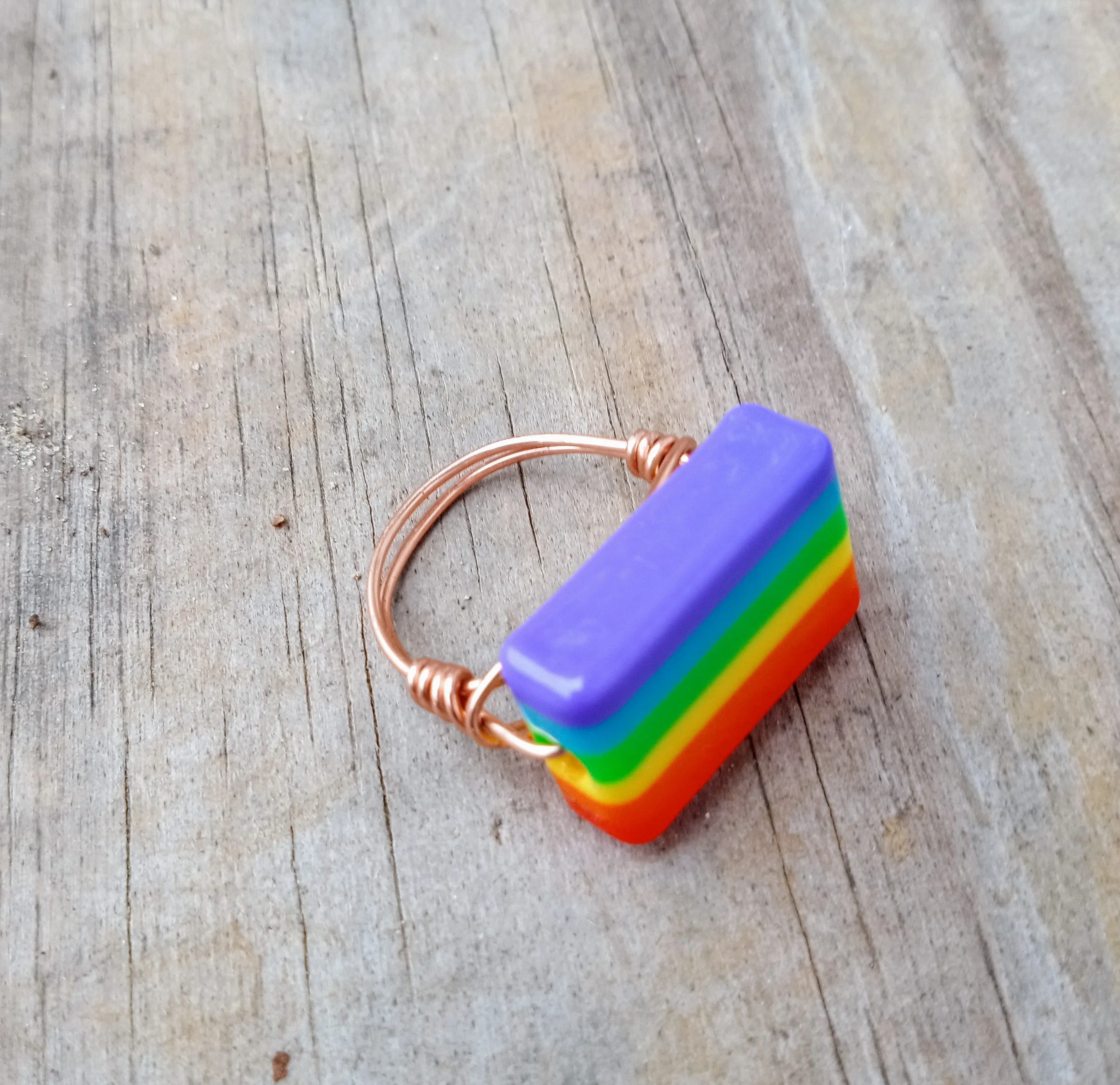 Rainbow Kandi Bead Wire Wrapped RIng