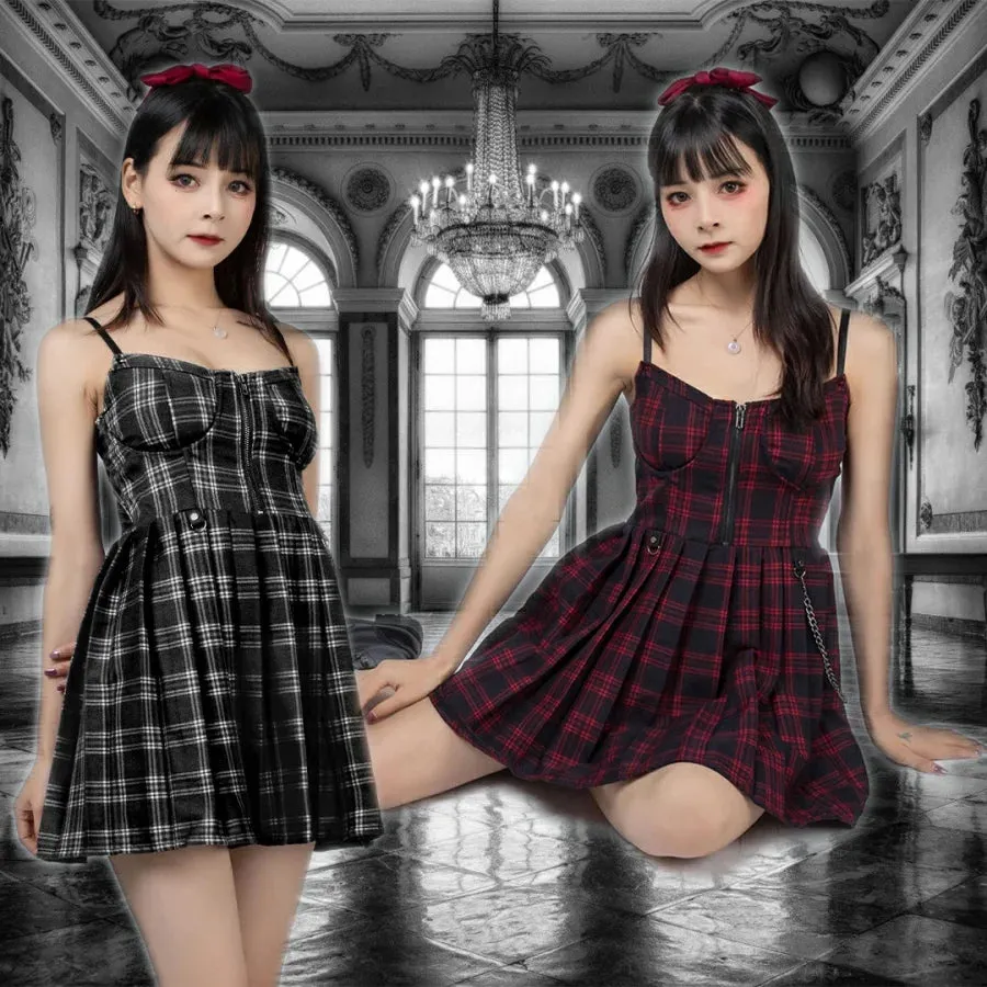 【READY TO SHIP】Gothic Grunge Spaghetti Strap Plaid Mini Dress mp005895