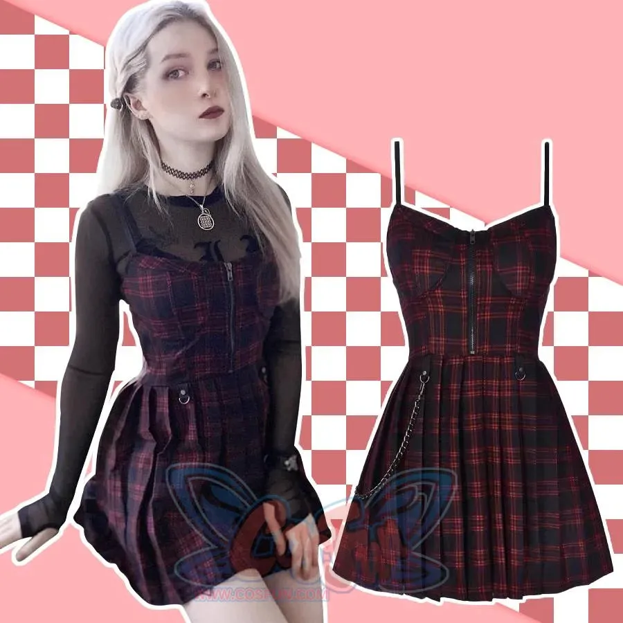 【READY TO SHIP】Gothic Grunge Spaghetti Strap Plaid Mini Dress mp005895