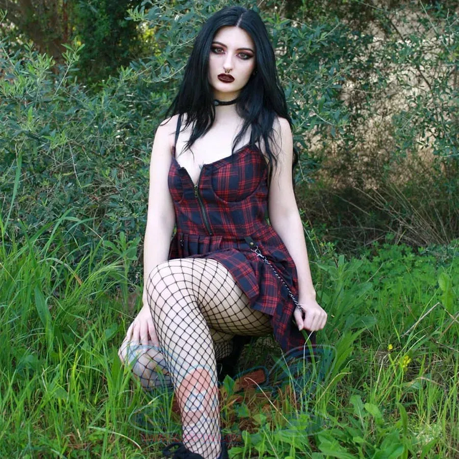 【READY TO SHIP】Gothic Grunge Spaghetti Strap Plaid Mini Dress mp005895
