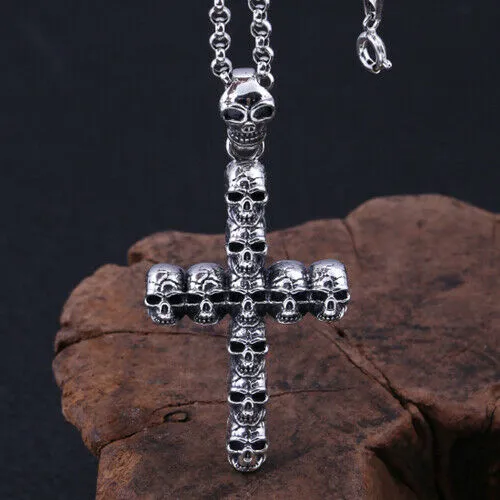 Real 925 Sterling Silver Pendant Skull Gothic Cross Jewelry
