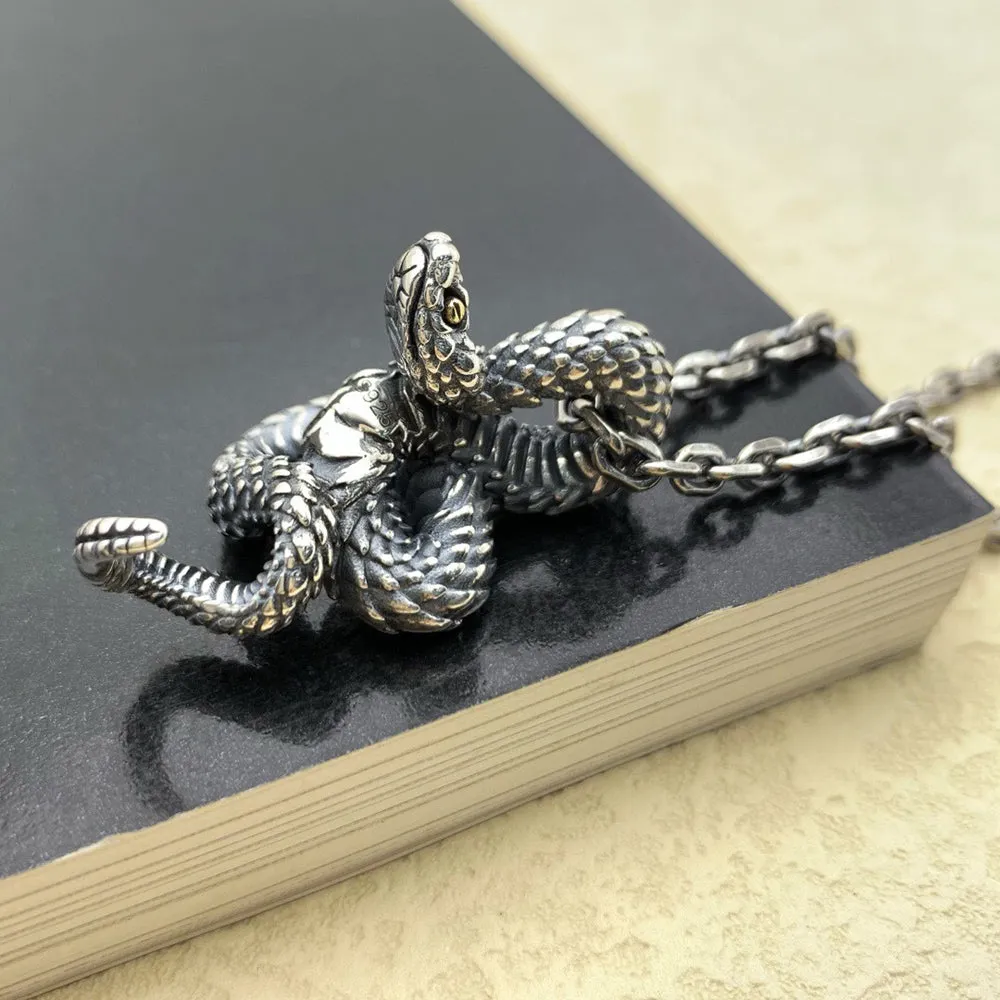 Real Solid 925 Sterling Silver Necklace Pendant Jewelry Snake King Amulet HipHop Rock 24"