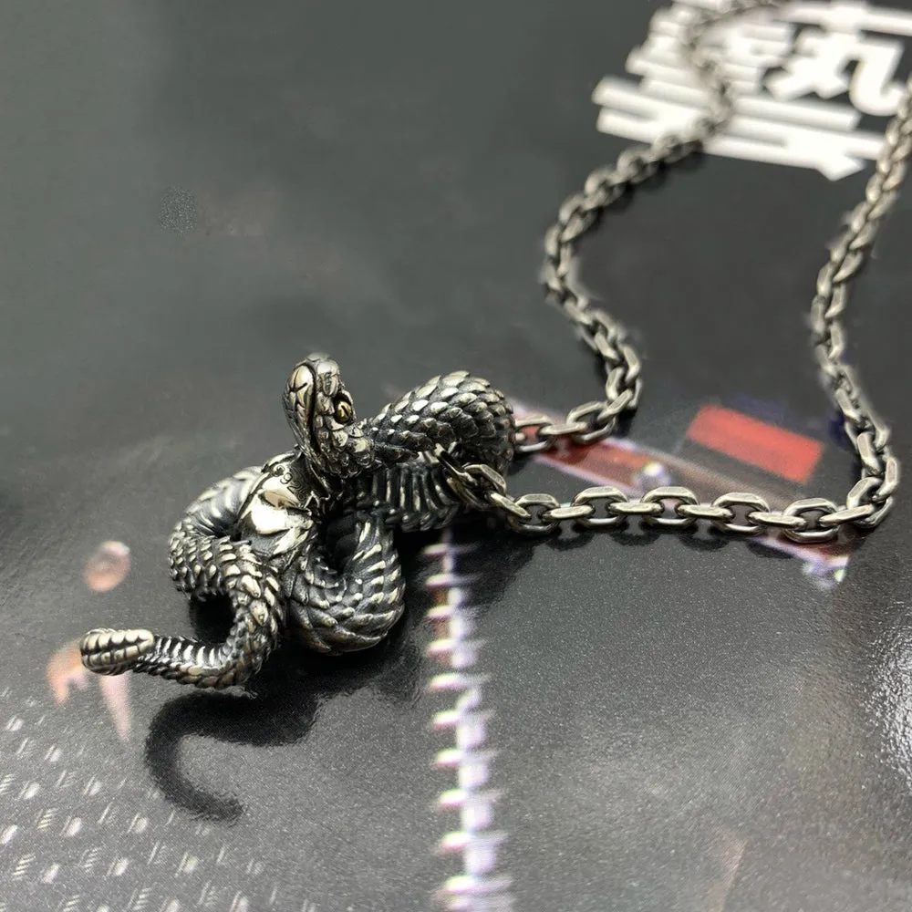 Real Solid 925 Sterling Silver Necklace Pendant Jewelry Snake King Amulet HipHop Rock 24"