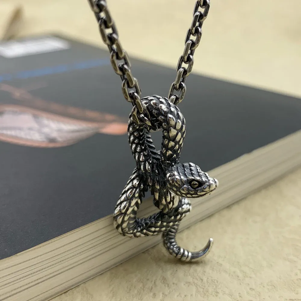 Real Solid 925 Sterling Silver Necklace Pendant Jewelry Snake King Amulet HipHop Rock 24"