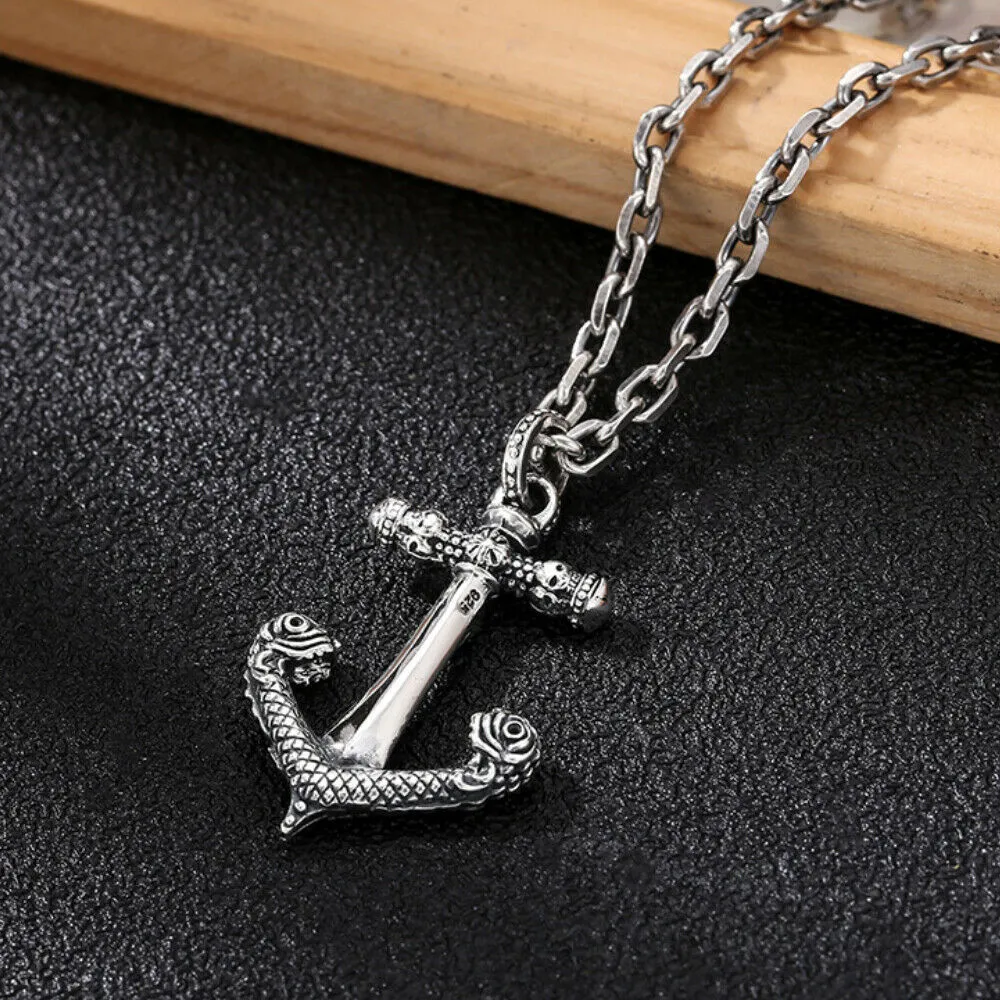 Real Solid 925 Sterling Silver Pendants Anchor Skull Cross Hiphop Jewelry