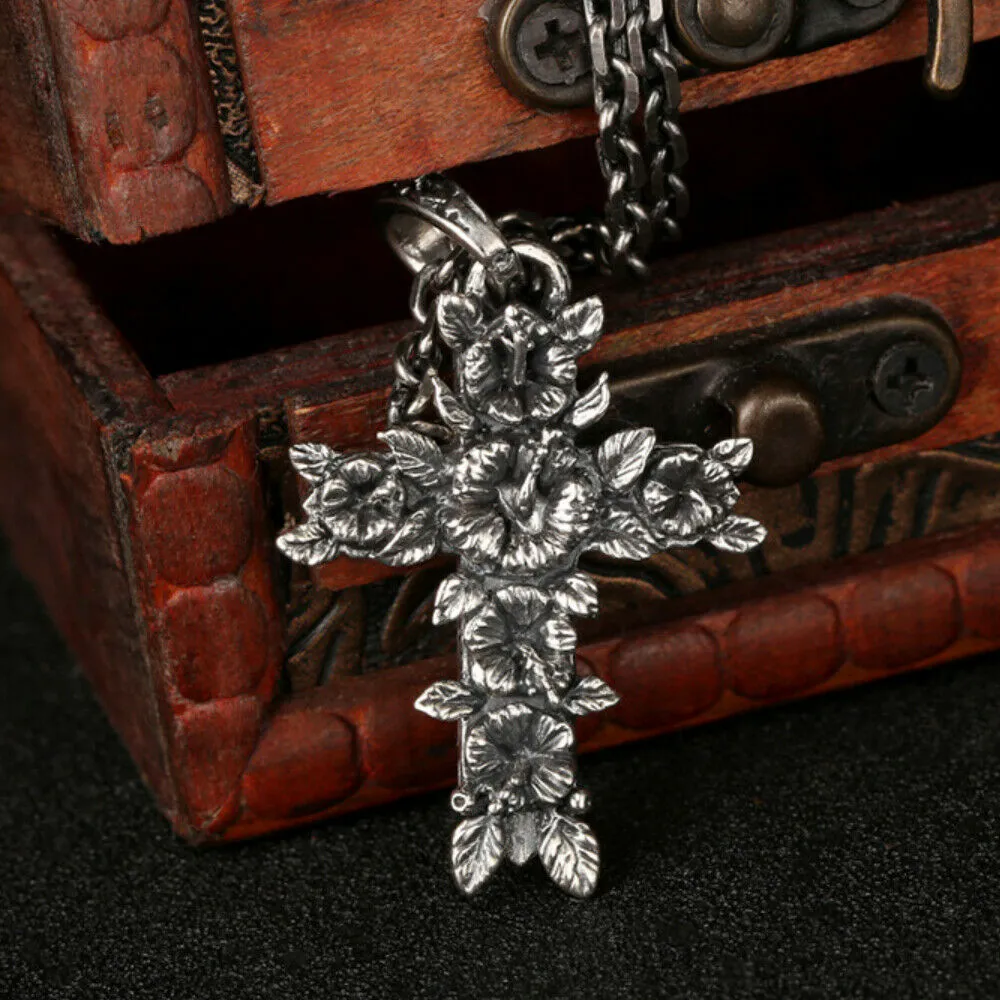 Real Solid 925 Sterling Silver Pendants Cross Flower Leaf  Men Fashion Jewelry