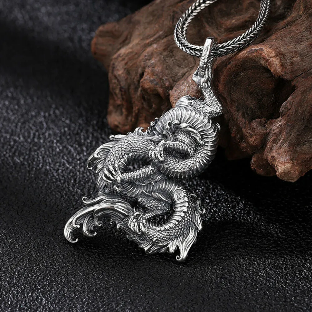Real Solid 925 Sterling Silver Pendants Dragon Animal Men Fashion Jewelry