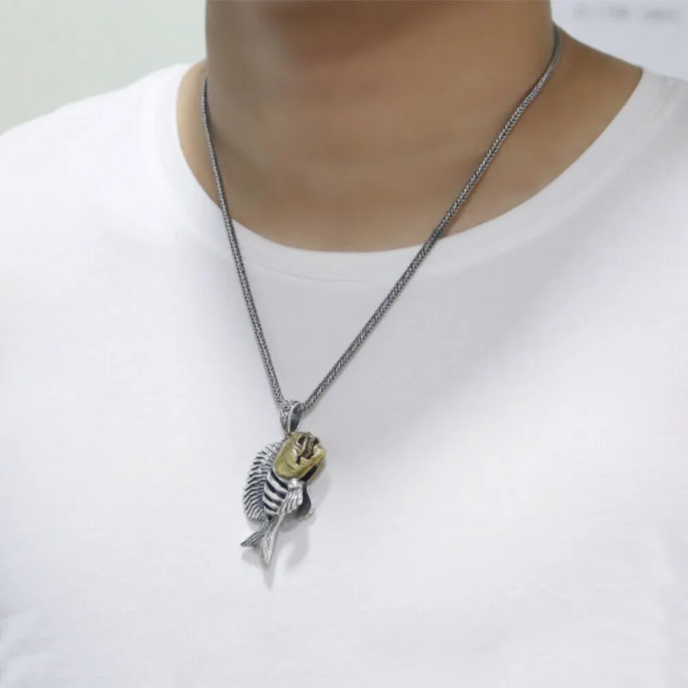 Real Solid 925 Sterling Silver Pendants Piranha Skull Hollow Animals Fish Fashion Jewelry