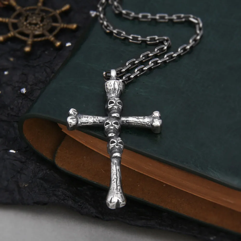 Real Solid 925 Sterling Silver Pendants Three Skulls Cross Gothic Punk Jewelry