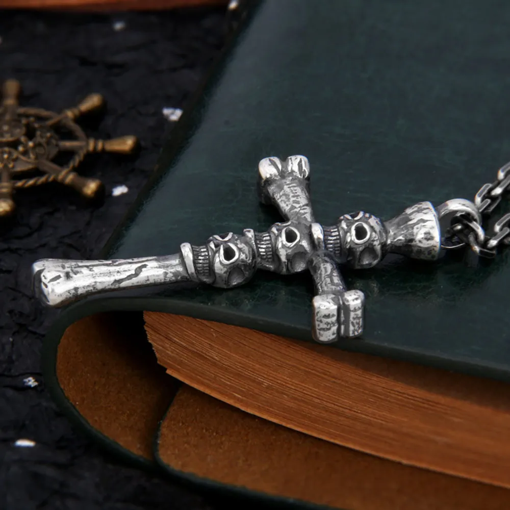 Real Solid 925 Sterling Silver Pendants Three Skulls Cross Gothic Punk Jewelry