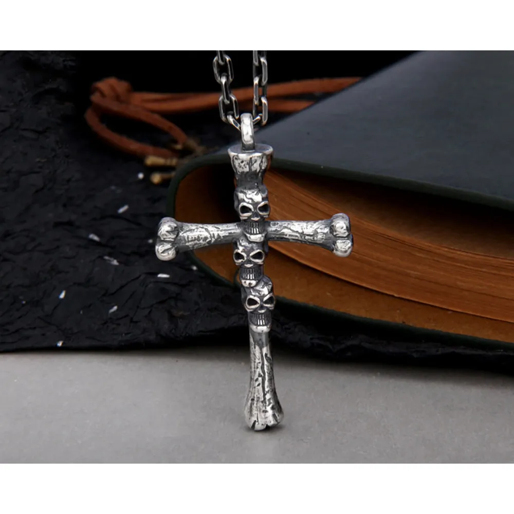 Real Solid 925 Sterling Silver Pendants Three Skulls Cross Gothic Punk Jewelry