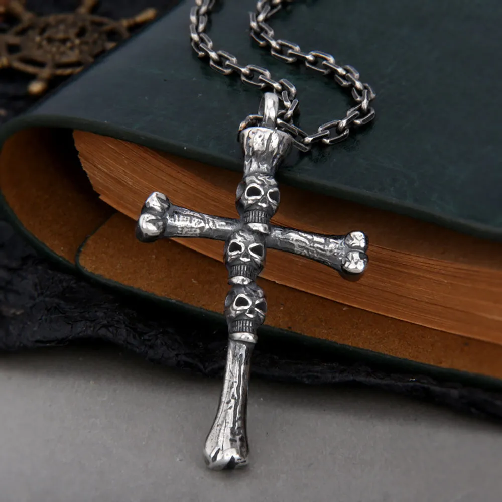 Real Solid 925 Sterling Silver Pendants Three Skulls Cross Gothic Punk Jewelry