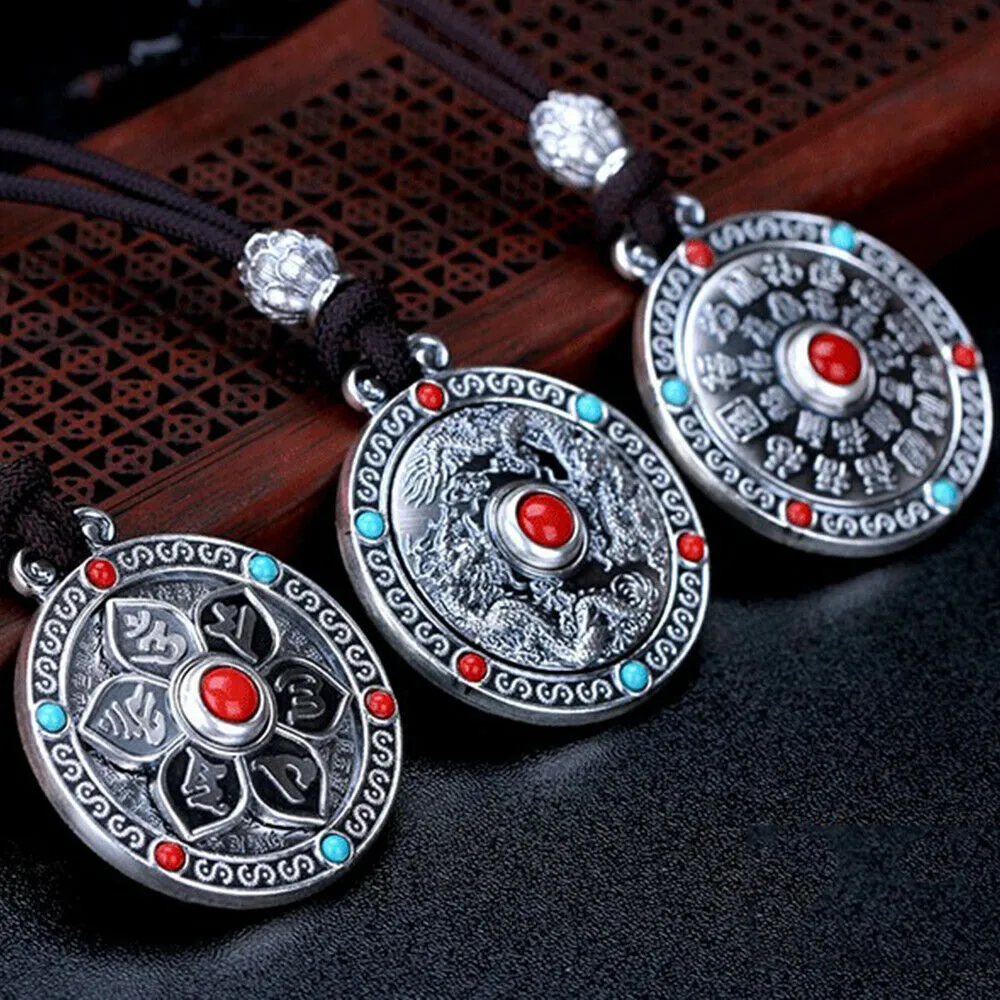 Real Solid 999 Fine Silver Pendants Dragon Om Mani Padme Hum Rotation Amulet Fashion Jewelry