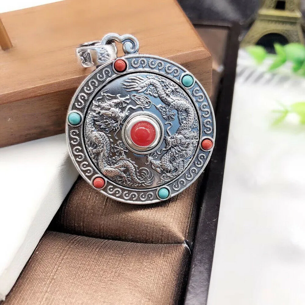 Real Solid 999 Fine Silver Pendants Dragon Om Mani Padme Hum Rotation Amulet Fashion Jewelry