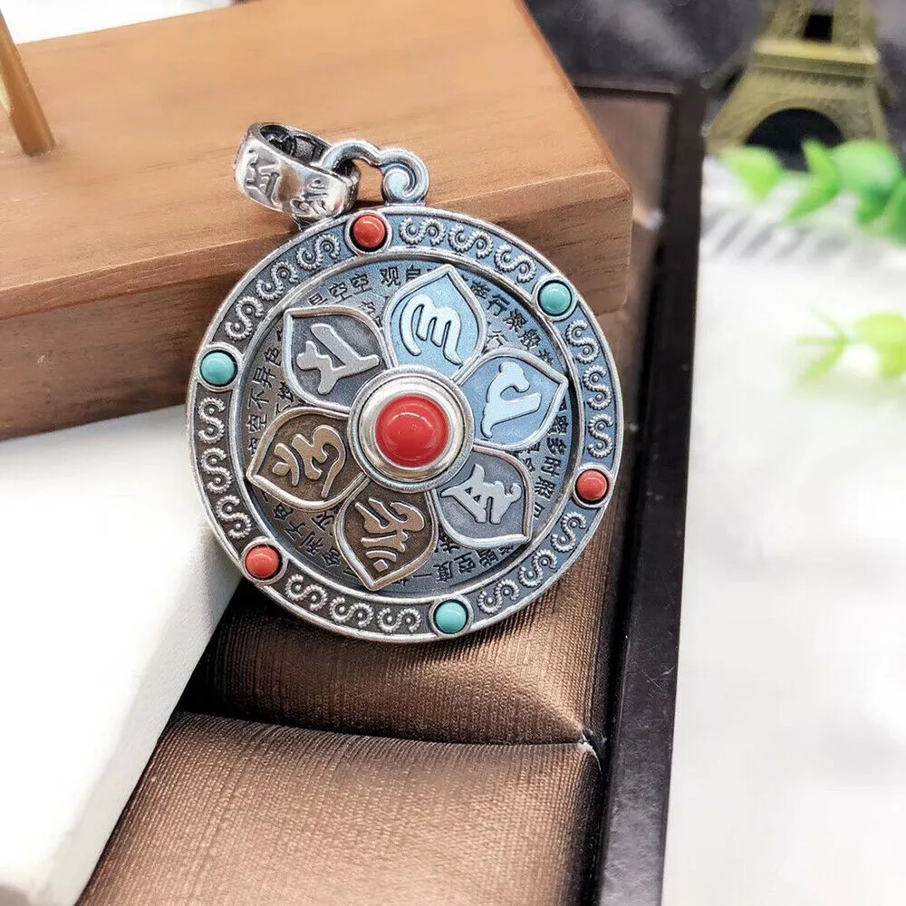 Real Solid 999 Fine Silver Pendants Dragon Om Mani Padme Hum Rotation Amulet Fashion Jewelry
