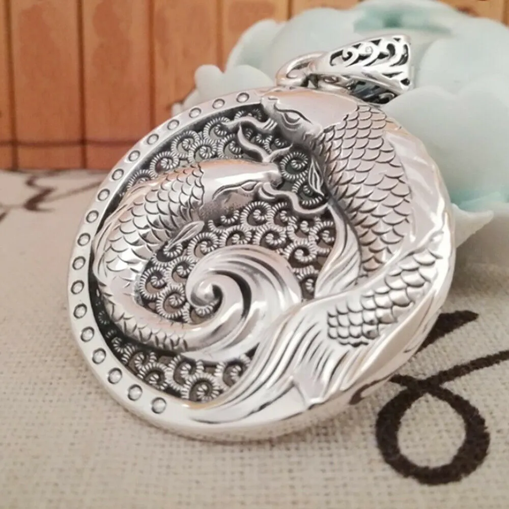Real Solid 999 Sterling Pure Silver Pendant Animal Koi Fish Pierced Lucky Jewelry