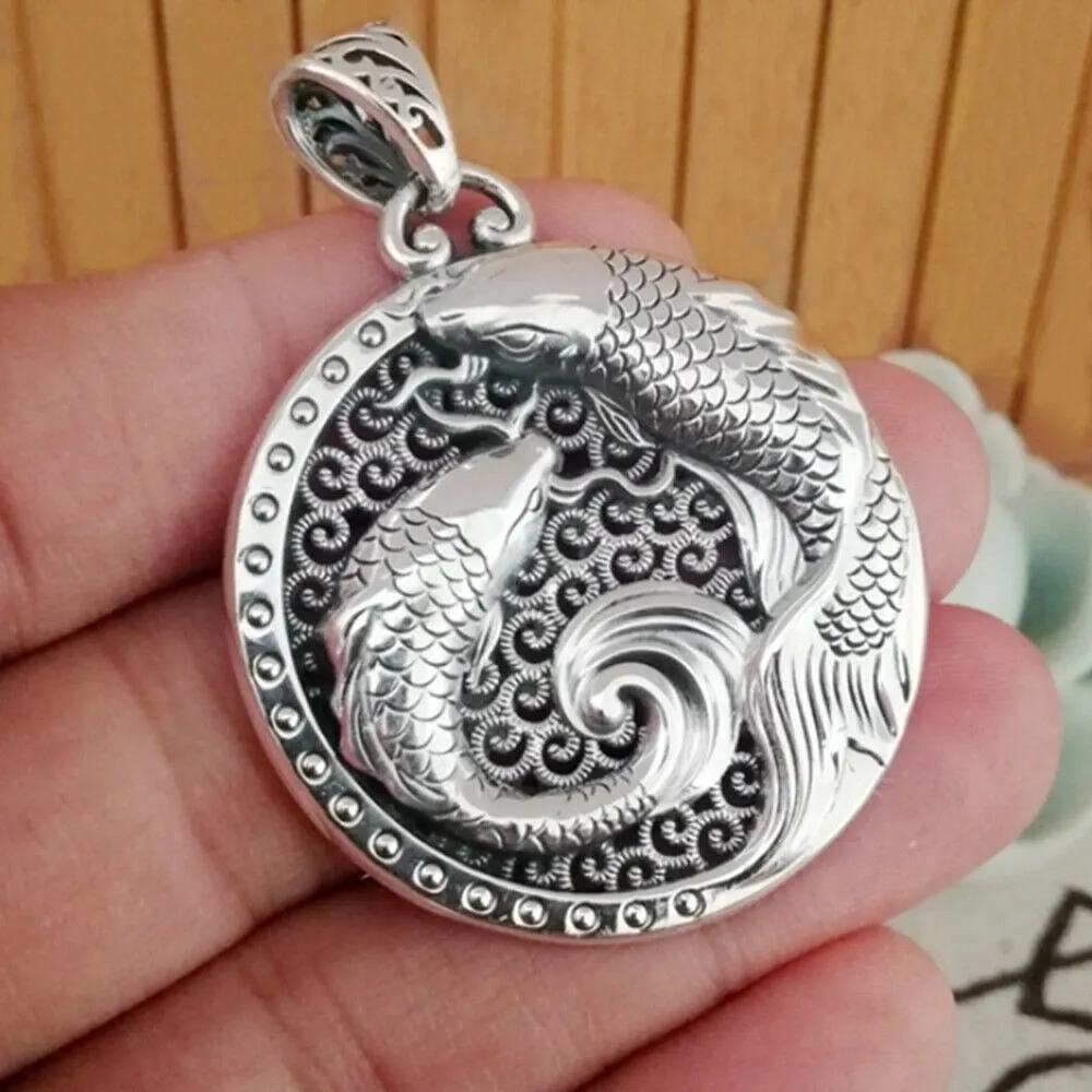Real Solid 999 Sterling Pure Silver Pendant Animal Koi Fish Pierced Lucky Jewelry