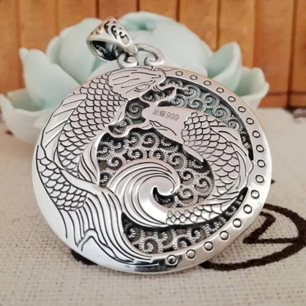 Real Solid 999 Sterling Pure Silver Pendant Animal Koi Fish Pierced Lucky Jewelry
