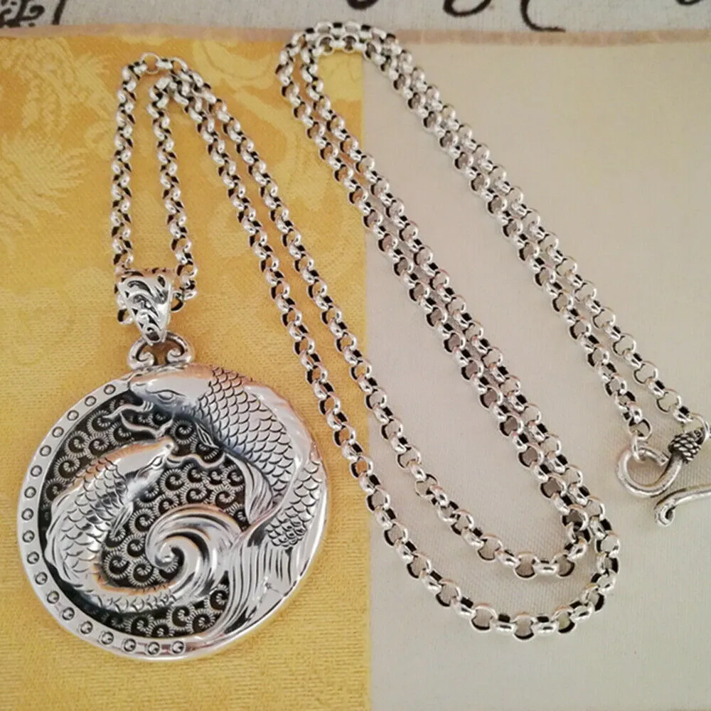 Real Solid 999 Sterling Pure Silver Pendant Animal Koi Fish Pierced Lucky Jewelry