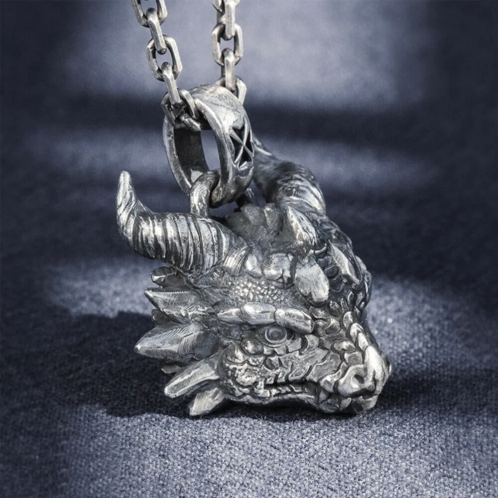 Real Solid 999 Sterling Silver Pendants Dragon King Animal Head Jewelry
